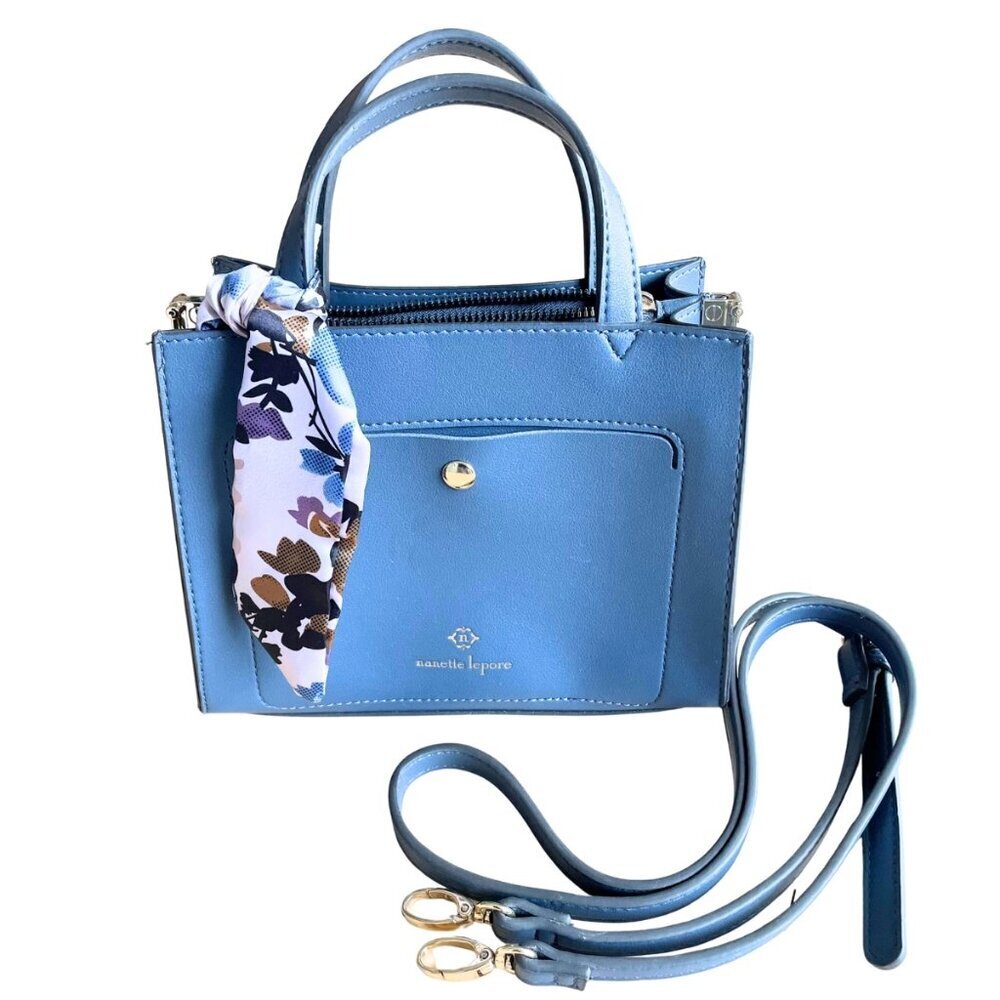 Nanette Lepore Sawyer Triple Section Blue Vegan Leather Satchel Scarf Purse
